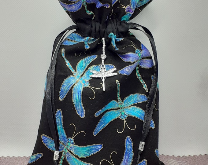 Deluxe Tarot cards pouch Bag, lined pouch, handmade -Dragonfly-Charm-Tibetan Silver Beads- New Design