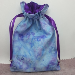 Tarot cards pouch Bag, lined pouch, tarot bag, handmade Batik Material- Blue/Purple- Stars- Purple Satin Ribbon- Silver Beads