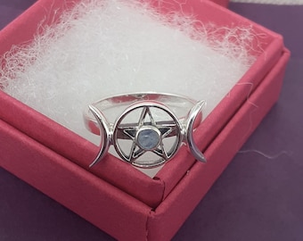 Rainbow Moonstone Ring -Sterling Silver 925 - Triple Moon- Pentagram - New "Goddess Collection"- Multiple Sizes Available- Gift Box