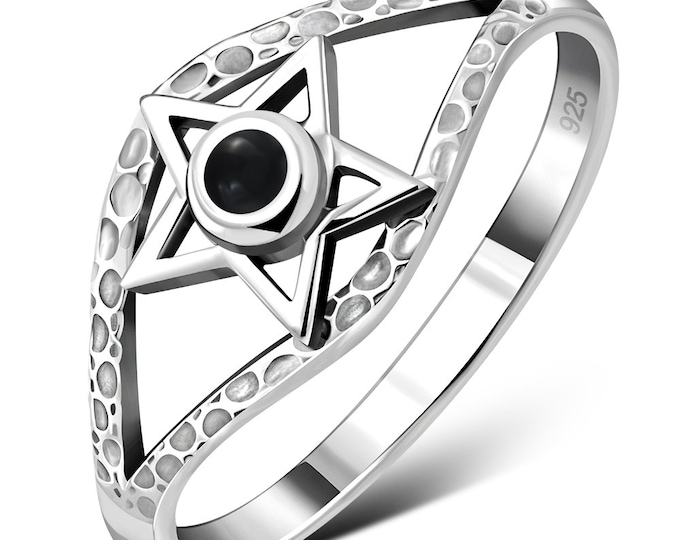 Pentagram-Black Obsidian-Ring Sterling Silver 925 -  New "Goddess Collection"- Multiple Sizes Available- Gift Box
