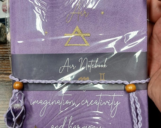Velvet-Notebook-Journal- Air Element-21 cm x 15 cm-Wrapped Crystal Amethyst Gemstone-New- Gift-Yourself-Friends-Family-Loved One
