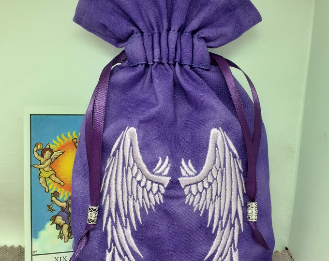 Deluxe Tarot cards pouch Bag, lined pouch, handmade -Embroidery- Angel Wings -Tibetan Silver Beads- New Design