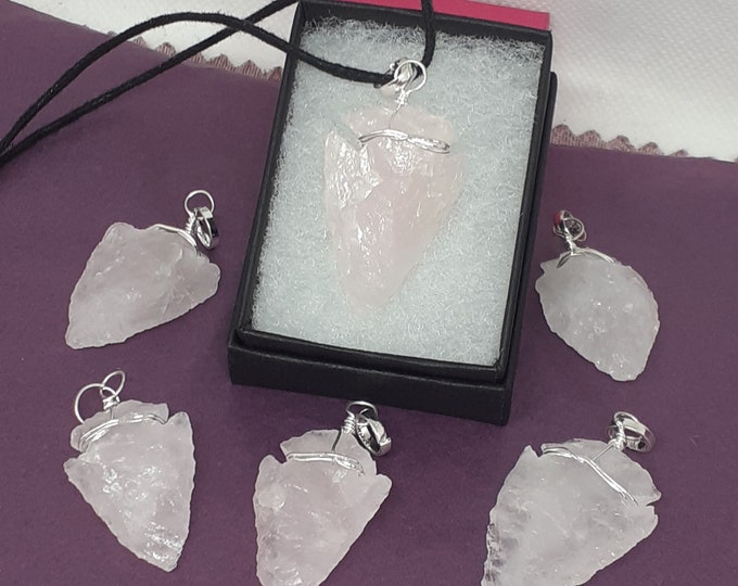 Rose Quartz - Arrowhead -Pendant- Silver Plated Wire-Black Cord -Gift-Yourself- Friends-Family-Loved One-Gift Box