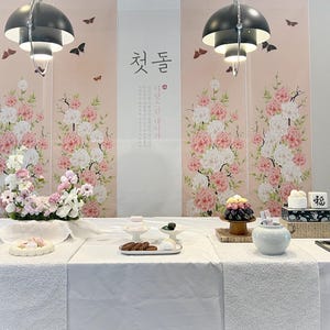May include: A table setting with floral arrangements, decorative items, and food. The backdrop features pink panels with floral designs and butterflies. Overhead, two black pendant lights illuminate the scene. Various treats and decorative items are arranged on the white tablecloth.