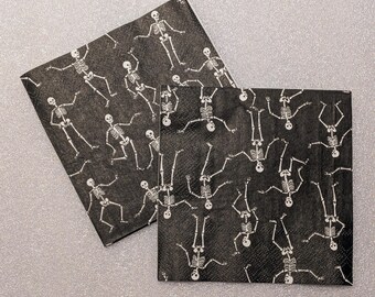 Halloween Skeleton Napkins | White Skeletons on Black Background, Crafting Ephemera