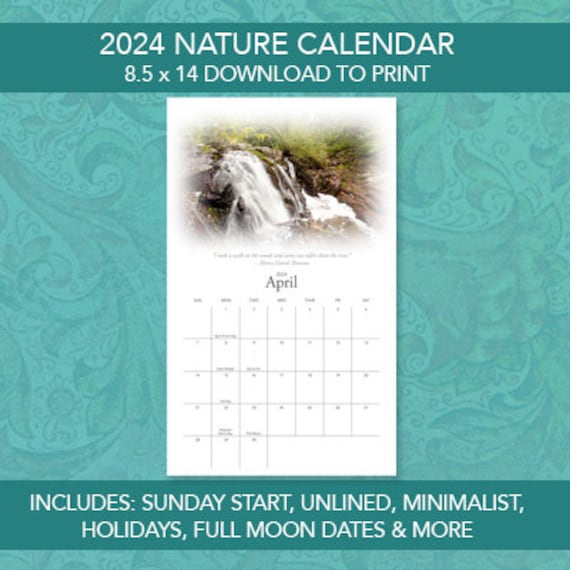 Printable 2024 Legal Size Nature Calendar, Holidays, PDF, Minimalist,  Sunday Start, Instant Download, Inspirational, Vertical, Photography - Etsy