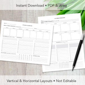 Puede incluir: Dos páginas de planificador semanal imprimibles en blanco y negro. La página superior es un diseño horizontal con secciones para temas y aspectos destacados de la semana, áreas de enfoque, prioridades principales y un seguimiento diario. La página inferior es un diseño vertical con secciones para temas y aspectos destacados de la semana, áreas de enfoque y un seguimiento diario. Ambas páginas incluyen secciones de notas adicionales.