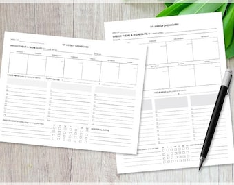 May include: Two printable weekly planner pages in black and white. The top page is a horizontal layout with sections for weekly themes and highlights, focus areas, top priorities, and a daily tracker. The bottom page is a vertical layout with sections for weekly themes and highlights, focus areas, and a daily tracker. Both pages include additional notes sections.