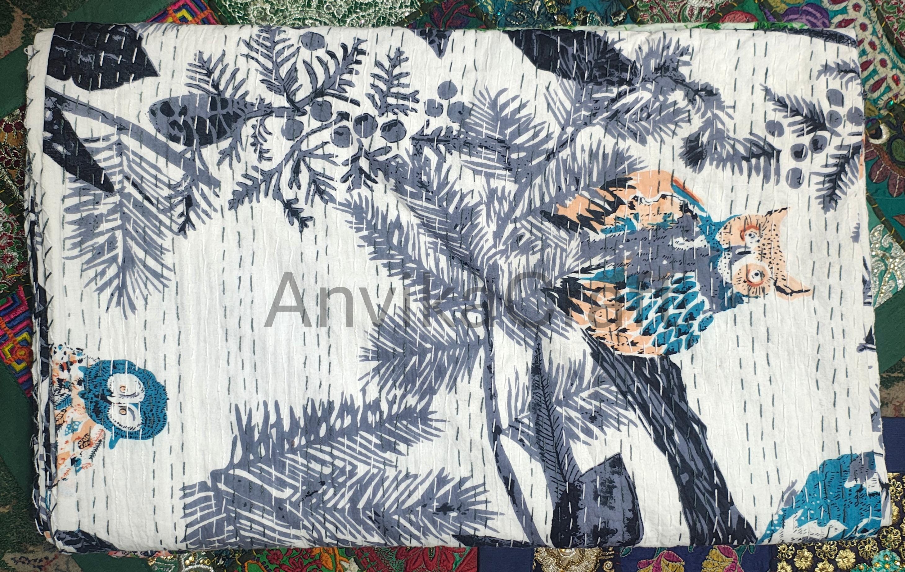 Handmade Owl Print Kantha Quilt: Indian Vintage Cotton Throw Blanket