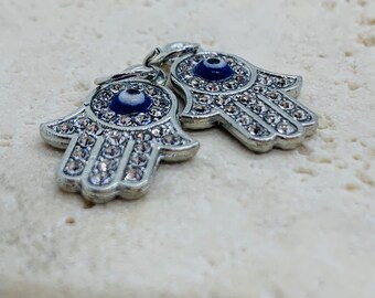 Jewish Hamsa Hand DIY Jewelry Making Supply. Silver Charms Large Hand Charm Flower Charms Large Hamsa Hand Pendant Charms 4 pc