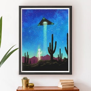 UFO Desert Artwork, Sedona Alien Poster, Positive ET Art Print, Disclosure Event, Pleiadian, Arcturian, Starry Sky