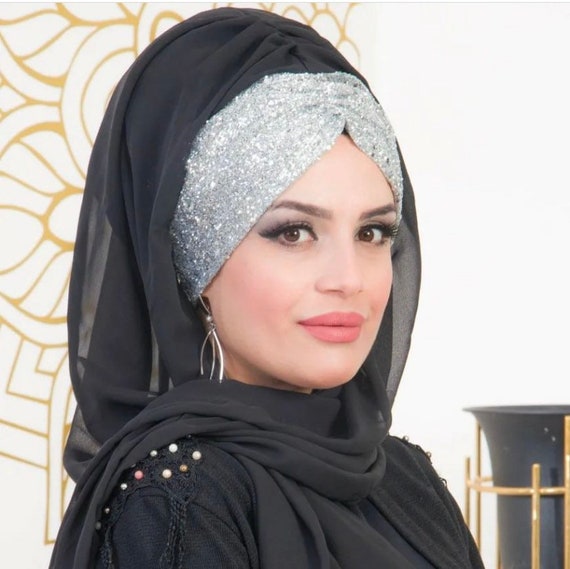 Shimmer Black Silver Evening Turban Hijab