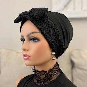 Pull on one piece Multi Way Pre - tied Black Tichel Snood Turban Head Scarf Hijab Shawl Chemo Cancer Cap Hat Alopecia