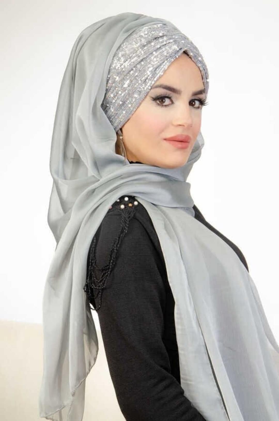 Mousseline de soie pailletée Turban argenté pour soirées et occasions  spéciales Hijab Foulard châle France