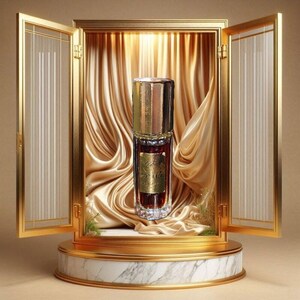 May include: A gold and glass bottle of perfume with a gold cap and a label that reads "Royal Oud Reserve". The bottle is displayed in a gold and glass display case with a gold base and a white marble top.