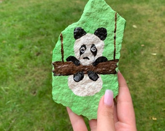 Hang in There Panda Rock | Hand Painted | Paper Weight |