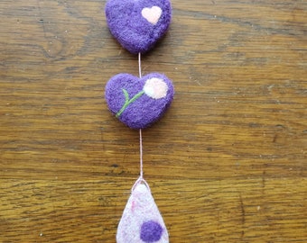 needle felted heart strand with teardrop bottom ornament decoration