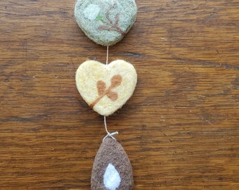 needle felted heart strand with teardrop bottom ornament decoration