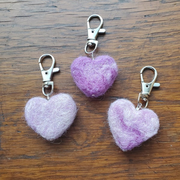 needle felted heart fob, keychain, purse charm, zipper pull.