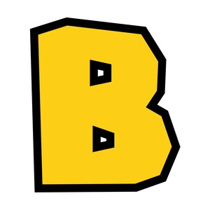 Puede incluir: Una letra B amarilla con un contorno negro. La letra est&aacute; en una fuente en negrita y en bloque.