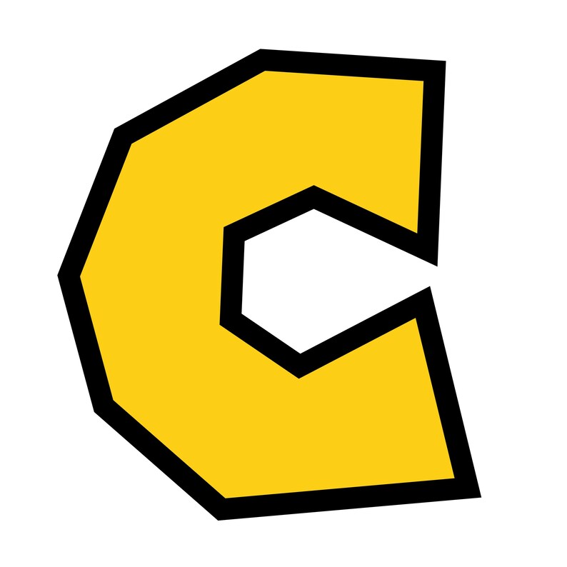 Puede incluir: Una letra C amarilla con un contorno negro. La letra est&aacute; estilizada con una forma geom&eacute;trica redondeada.