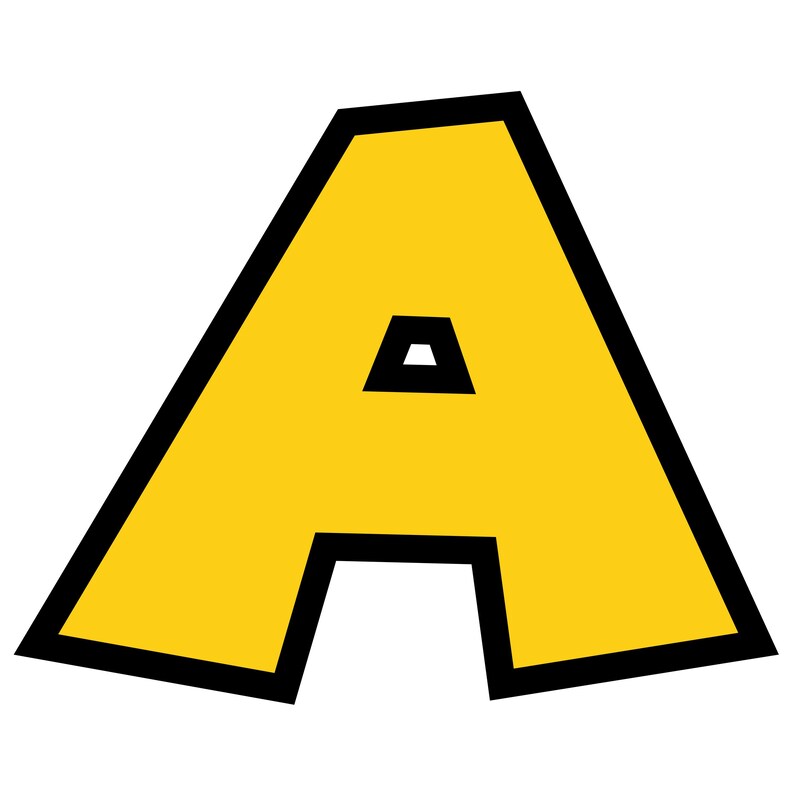 Puede incluir: Una letra A grande, amarilla con un contorno negro. La letra est&aacute; en un estilo negrita y de dibujos animados.