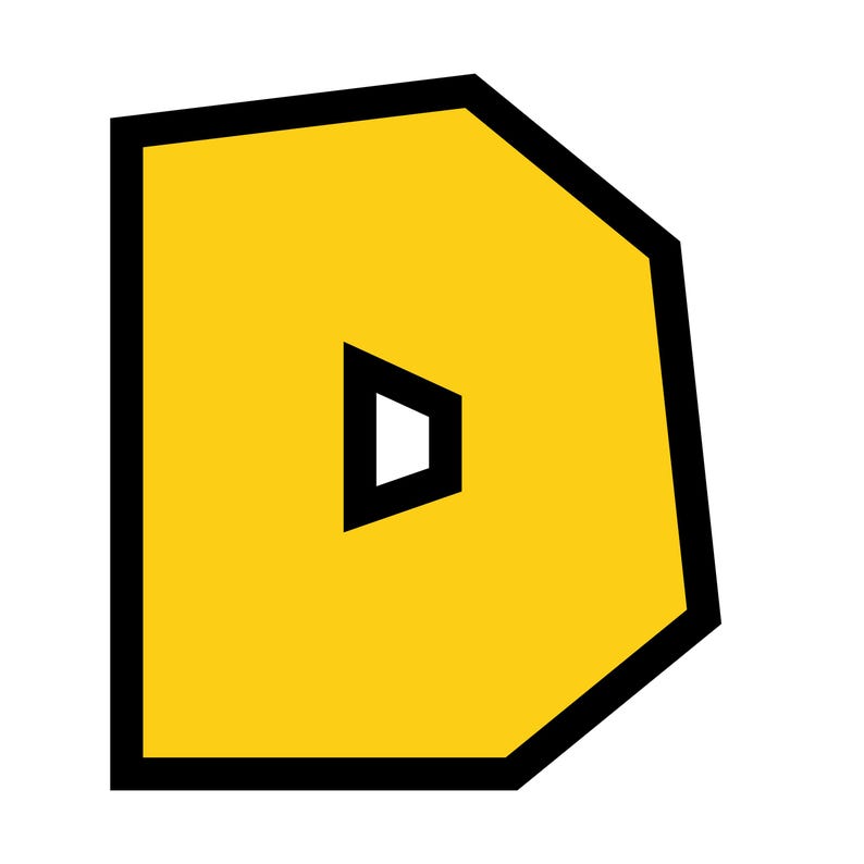 Puede incluir: Una letra D amarilla con un contorno negro. La letra est&aacute; en una fuente gruesa y en bloque.