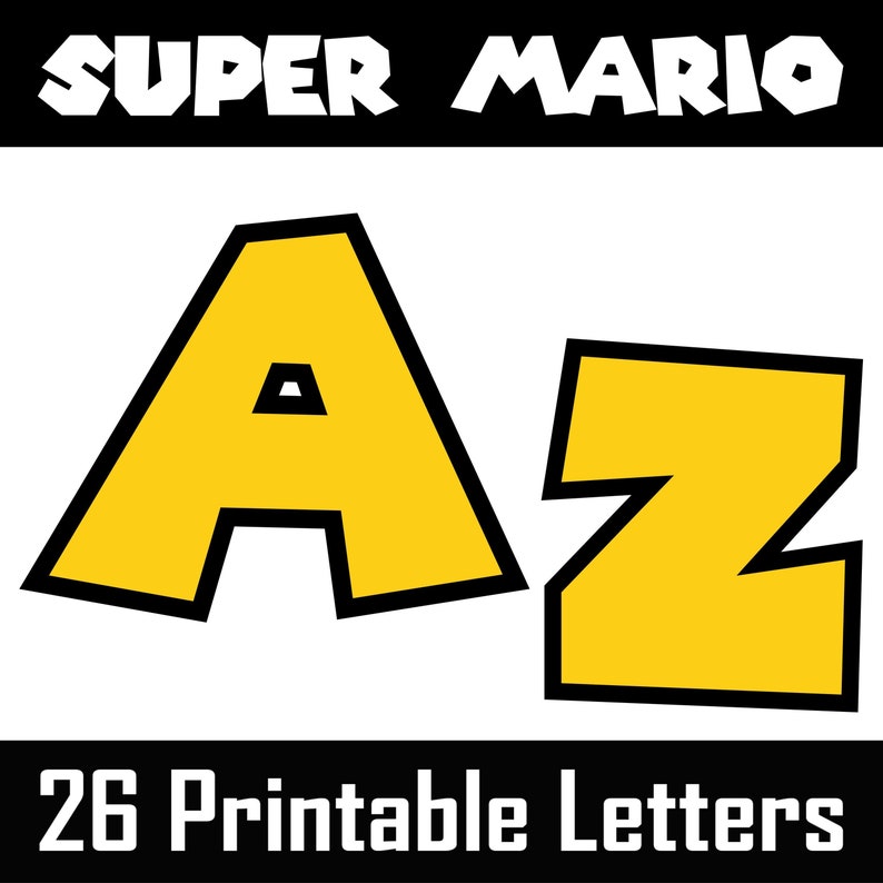 Puede incluir: Un conjunto de 26 letras imprimibles en una fuente de estilo Super Mario. Las letras son amarillas con contornos negros y est&aacute;n en may&uacute;sculas. Las letras A y Z se muestran en la imagen.