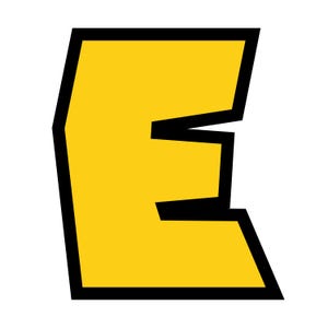 Puede incluir: Una letra E amarilla con un contorno negro. La letra est&aacute; en una fuente en negrita, de estilo de dibujos animados.