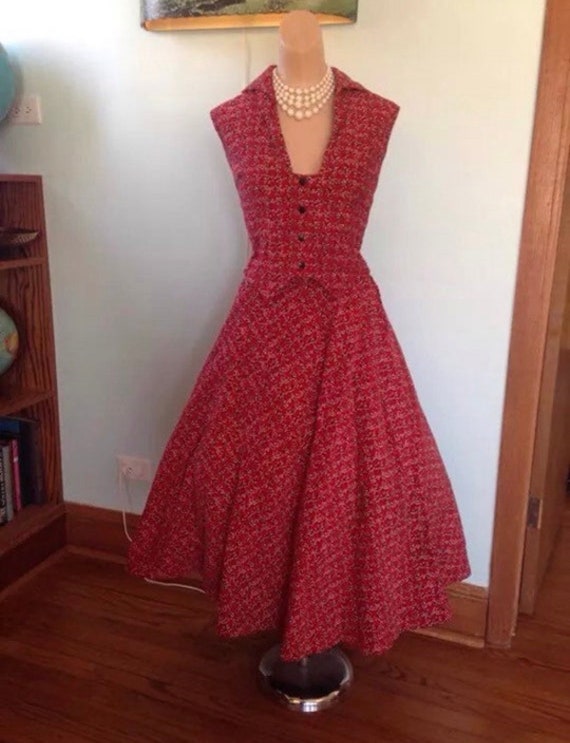 1950s Corduroy Atomic Fleck Print Skirt & Top Set