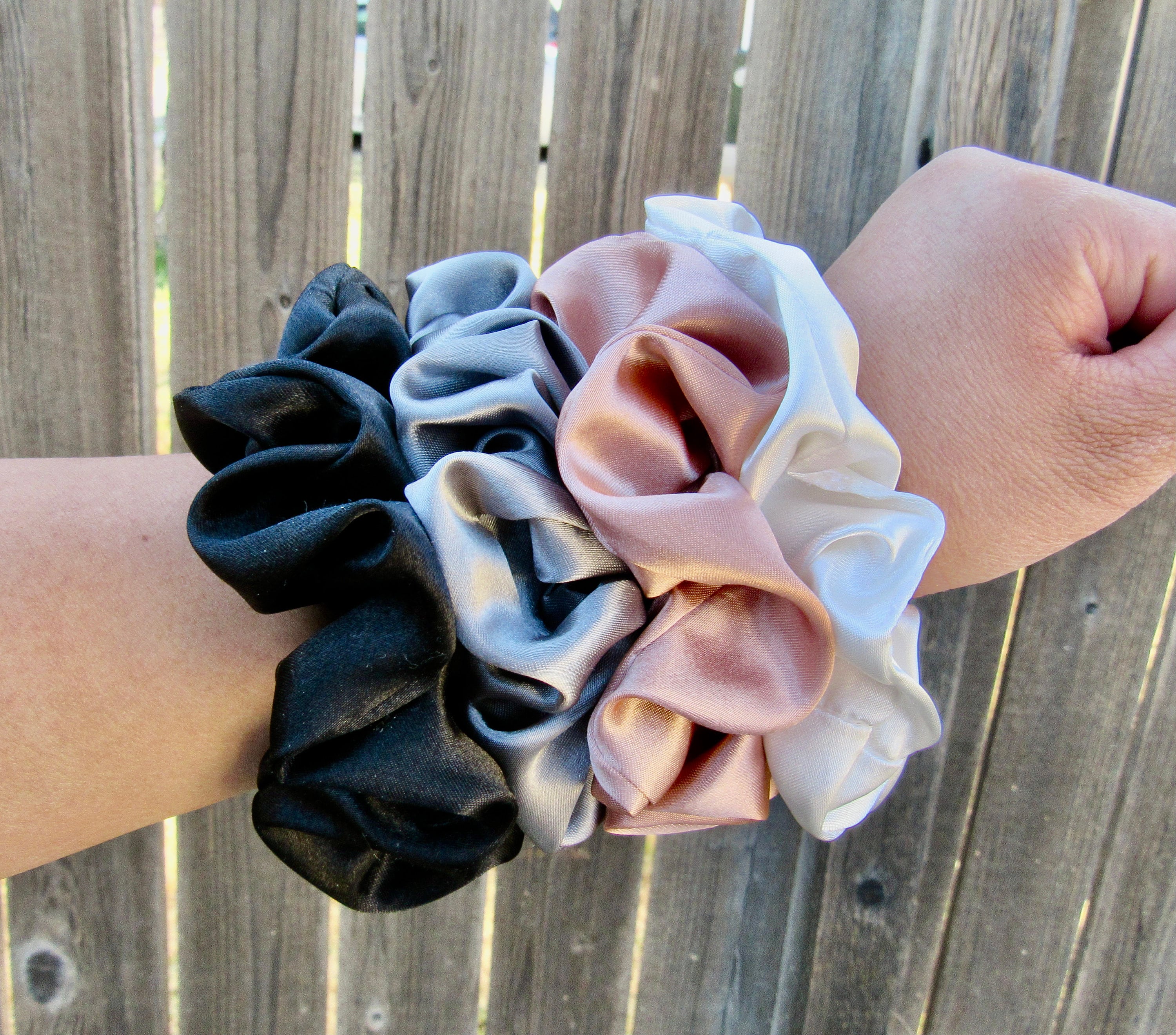 Neutral Satin Scrunchie Set of 4: Black, Ivory, Champagne 