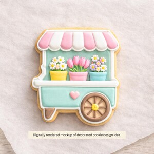 May include: A decorated cookie in the shape of a flower cart. The cart is light blue with a pink and white striped awning. It features three flower pots with white, pink, and purple flowers. The text at the bottom reads: Digitally rendered mockup of decorated cookie design idea.