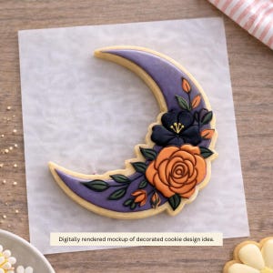 May include: A crescent moon-shaped cookie with purple icing and a floral design. The flowers are black and orange with green leaves. The cookie is on a sheet of parchment paper. The text on the image says "Digitally rendered mockup of decorated cookie design idea."