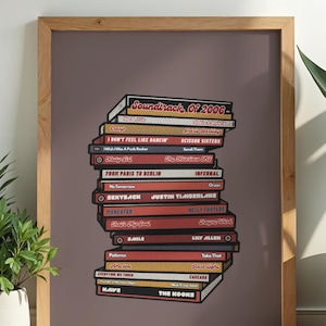 Könnte beinhalten: Ein gerahmter Druck mit einem Stapel von CD-Hüllen aus dem Jahr 2006. Die Hüllen sind in verschiedenen Farben, darunter Rot, Gelb und Schwarz, mit Songtiteln und Künstlernamen. Der Titel "Soundtrack Of 2006" steht oben.