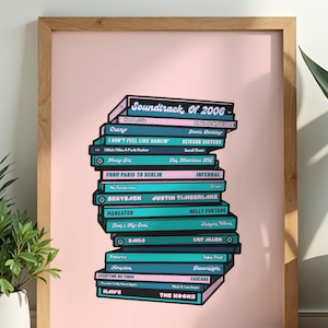 Könnte beinhalten: Gerahmter Druck mit einem Stapel stilisierter Albumcover, betitelt "Soundtrack of 2006". Die Albumcover sind in Türkis- und Rosatönen gehalten, mit Songtiteln und Künstlernamen. Der Rahmen besteht aus hellem Holz.