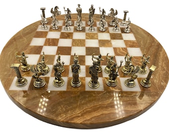 Onyx chess round with diameter 350 mm (13.78&quot; inches) and metal pieces with ancient Greece theme