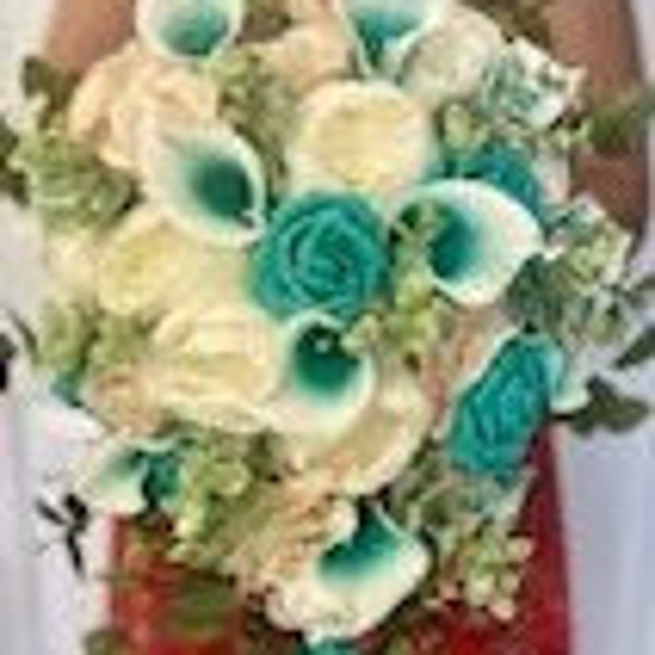 Cascading Teal Turquoise Ivory Bridal Bouquet, Teardrop Mailblue Aqua Gold Wedding Bouquet, Rustic Blue Green Cyan Peacock Bouquet