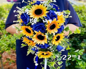 Cascading Sunflower Bridal Bouquet, Sunflower Royal Blue Wedding Bouquet, Yellow Blue Bouquet, Rustic Bouquet, Teardrop Bride Bouquet