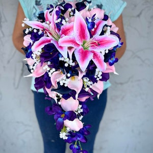 Galaxy Cascading Bouquet, Pink Navy  Bridal Bouquet, Lilies Teardrop Bouquet, Purple Orchids Bouquet, Stargazer lilies Bouquet.