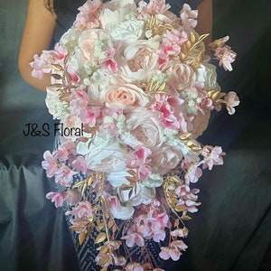 Cascading Blush Pink Wedding Bouquet: Silk Roses, Cherry Blossoms & Gold