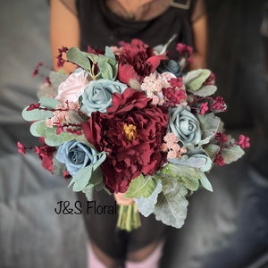 Dusty Blue Burgundy Wedding Bouquet: Rustic Roses Eucalyptus Bridal Bouquet