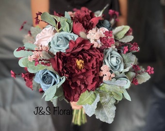Dusty Blue Burgundy Wedding Bouquet: Rustic Roses Eucalyptus Bridal Bouquet