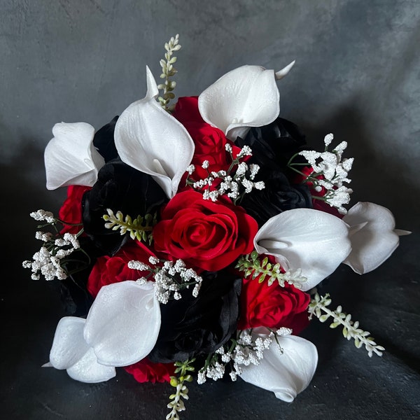 Elegant Red White Black Wedding Bouquet, Roses Lilies Bridal Bouquet, Prom bouquet, Quinceanera bouquet