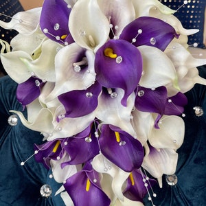Purple & White Lily Wedding Bouquet: Cascading Teardrop Bridal Bouquet