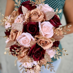 Burgundy Gold Rose Hydrangea Bridal Wedding Bouquet Accessories 