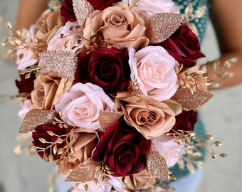 Glam Cascading Burgundy Rose Gold Blush Gold Wedding Bouquet, Teardrop Gold Maroon Pink Bridal Bouquet, Prom Bouquet, Quince sparkle Bouquet