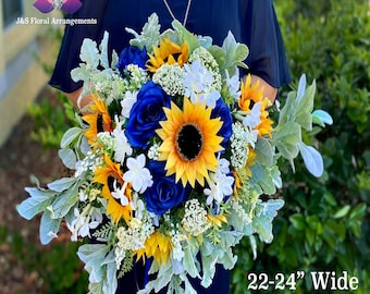 Boho Sunflower Bridal Bouquet, Sunflower Royal Blue Wedding Bouquet, Yellow Blue Bouquet, Rustic Bouquet, hippie Bouquet