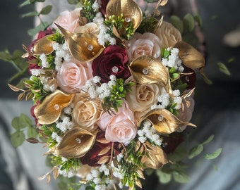 Cascading Ivory Burgundy Rose Bridal Bouquet: Gold Calla Lilies & Bling