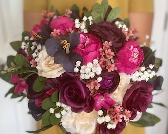 Plum Sangria Wedding Bouquet: Black, Blue, Fuchsia Silk Flowers