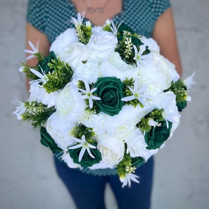 Stunning Emerald Green White Wedding Bouquet, Cream Dark Green Roses Bridal Bouquet, White Green Silver rhinestone Bling Quince Bouquet